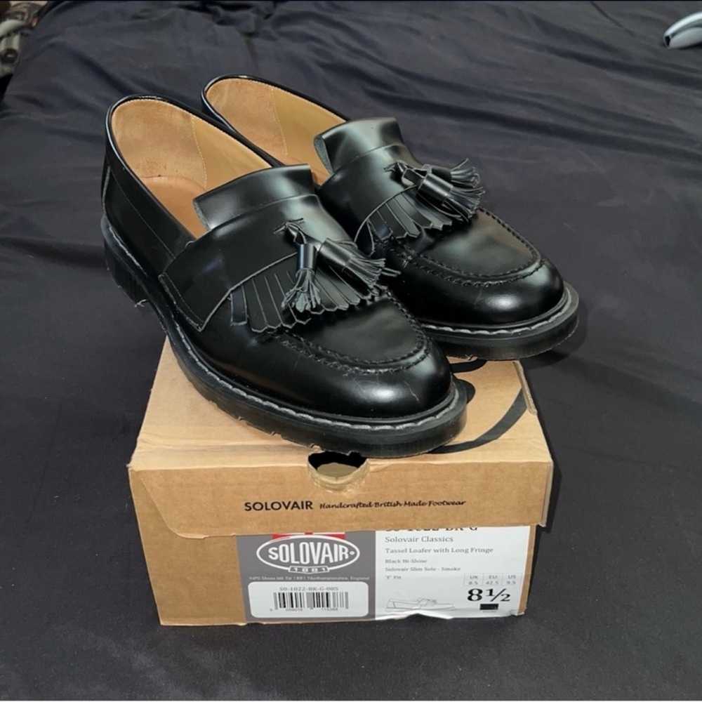 Solovair Black Leather Tassel Loafers
